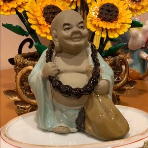 Vintage Chinese Shiwan mudman Laughing Buddha Figurine with Beads